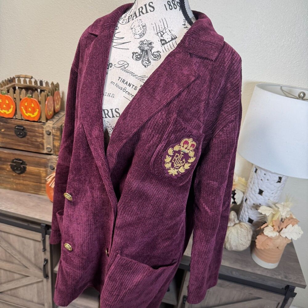 VTG Lauren Ralph Lauren Worsted Wool Corduroy Double Breasted Blazer L/XL Crest - Picture 2 of 12